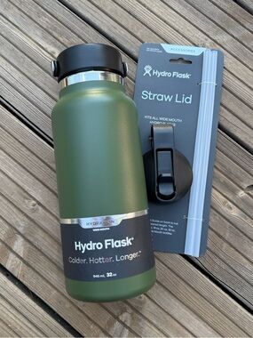 Hydro Flask Olive Green Wide Mouth Bottle with Black Straw Lid